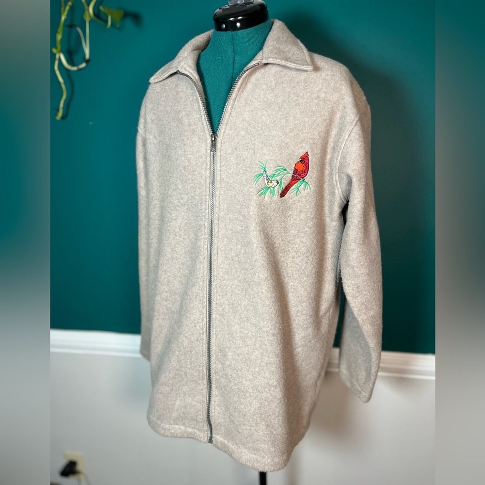 Tan fleece Full-Zip up with Embroidered cardinal Bird Design